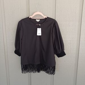 Jason Wu Puff Sleeve Blouse Size XL Preppy Button Monogram Lace Detail In Black
